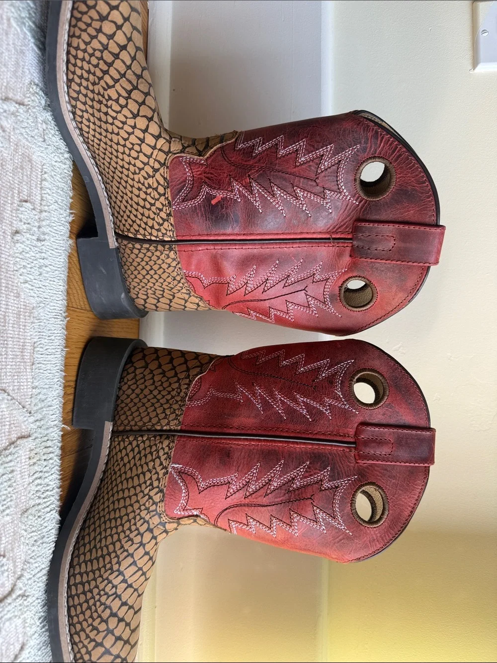 Kids Pull-On Western Boots in Red and Brown with Textured snakeskin like base